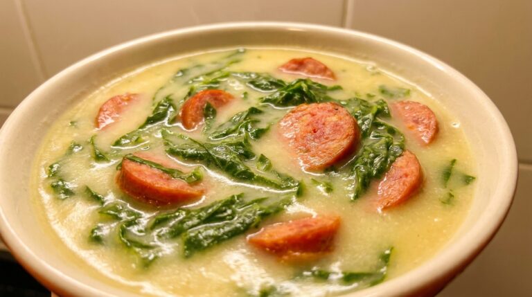 Caldo verde com mandioca que fica mais cremoso do que com batata